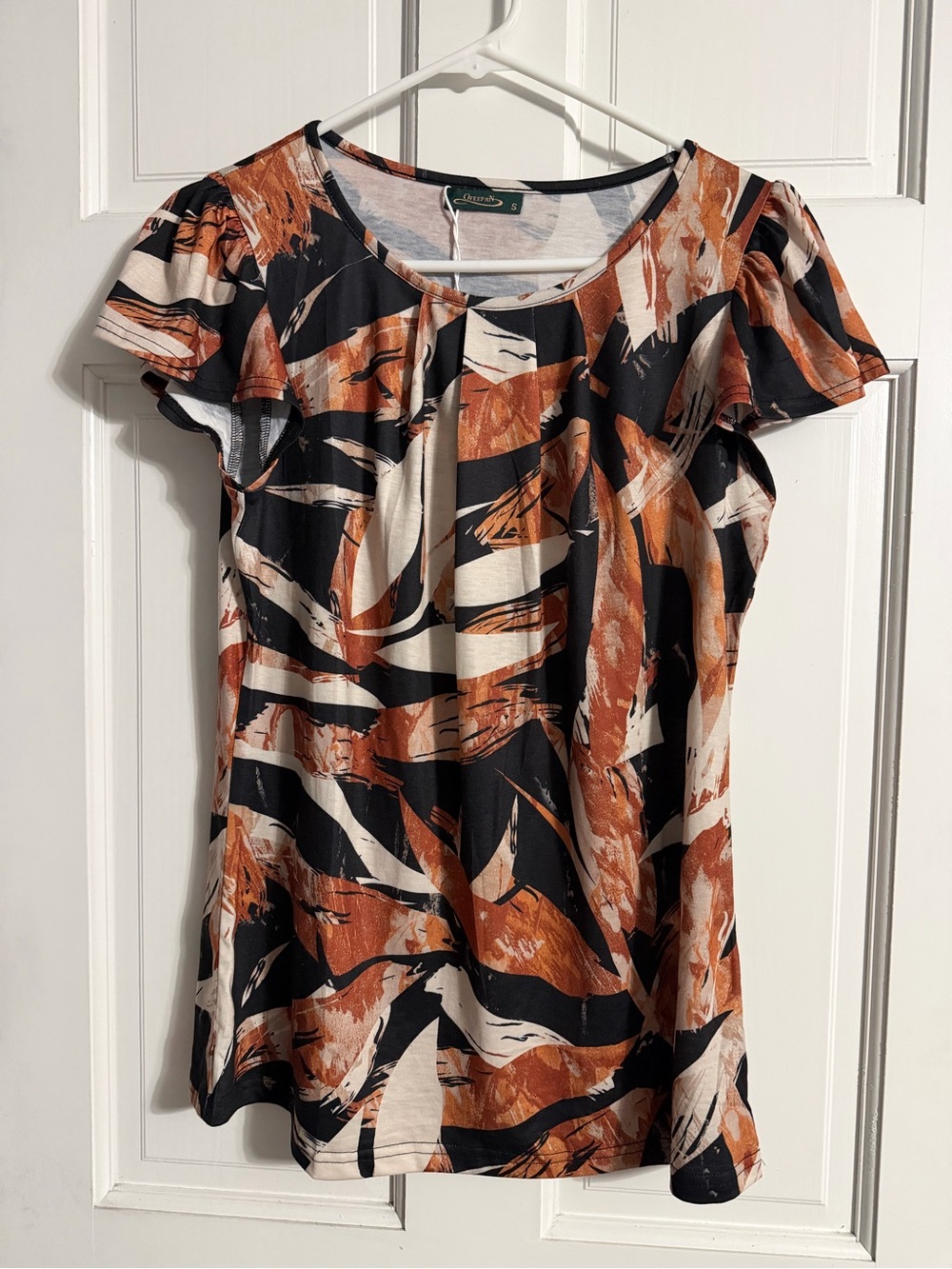 Abstract Print Flutter Sleeve Blouse - Black, Rust & Cream